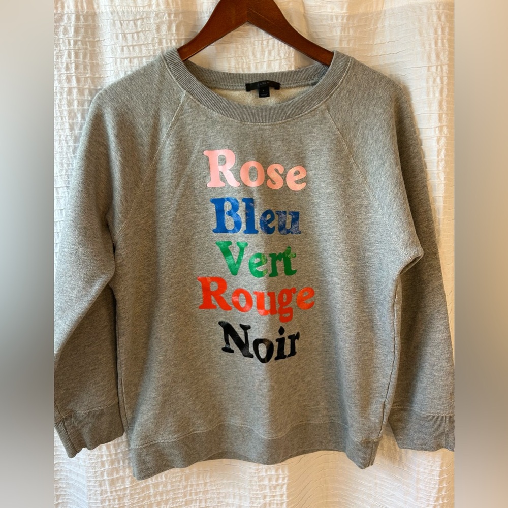 J. Crew Gray Crewneck Sweatshirt with Pink, Blue, Green, Red, and Black Text